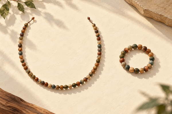 Illustration of a long bead strand beside a separate wrist bracelet