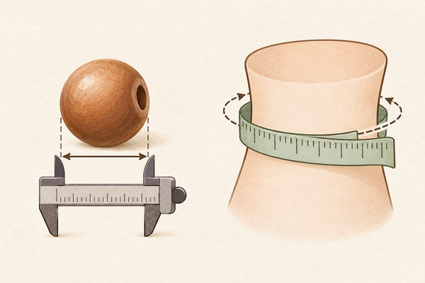Illustration of a caliper around one bead beside a measuring tape around a wrist silhouette