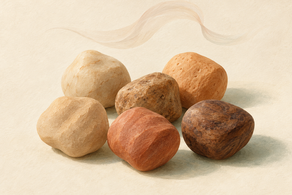 Editorial illustration of earthy bead color tones and a gentle scent ribbon