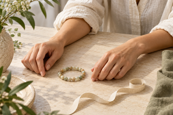 Conceptual illustration of two wrists with a loose bead bracelet and measuring tape between them