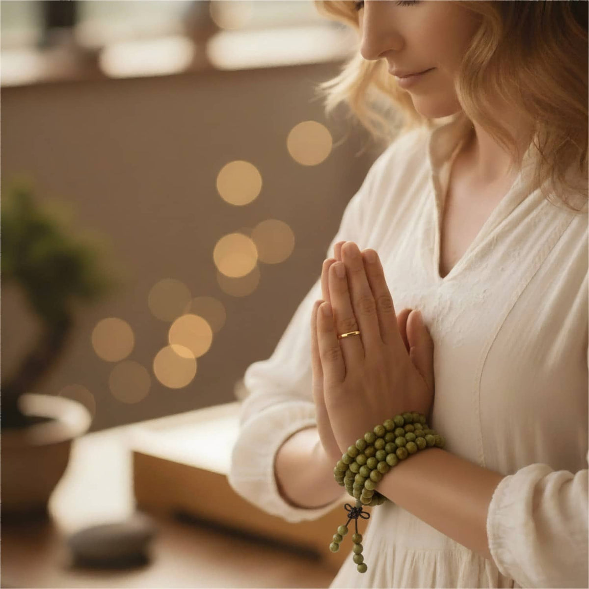 Kenlina Natural Green Sandalwood Meditation Beaded Bracelet