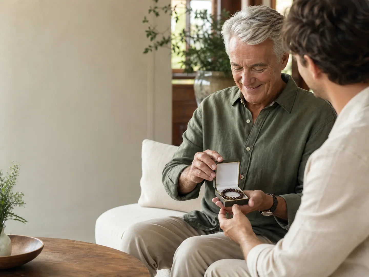 An adult grandchild giving a natural bead bracelet gift to a grandparent