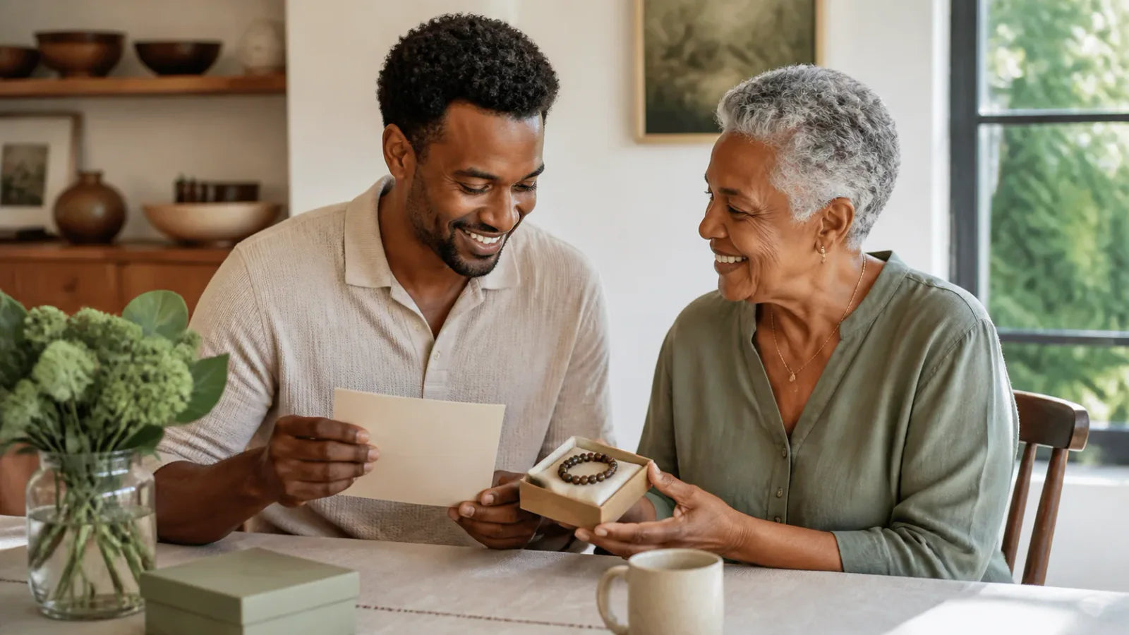A grandparent and adult grandchild sharing a handwritten gift note
